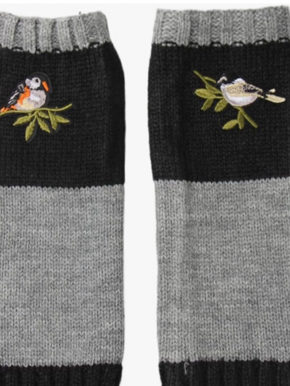 Cozy hand-knit fingerless gloves in gray and black with a charming bird embroide - Picture 3 of 3